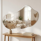 Close-up of the thin polished edge of the frameless silver mirror
