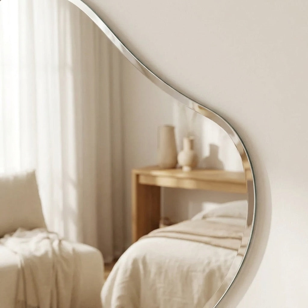 Asymmetrical silver puddle mirror above an entryway console