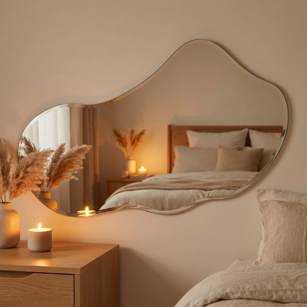 Landscape-oriented frameless silver mirror as a wall accent