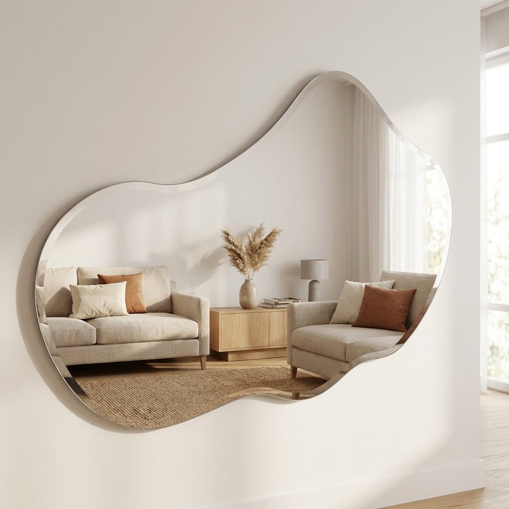 Organic abstract silver glass mirror styled in a modern interior
