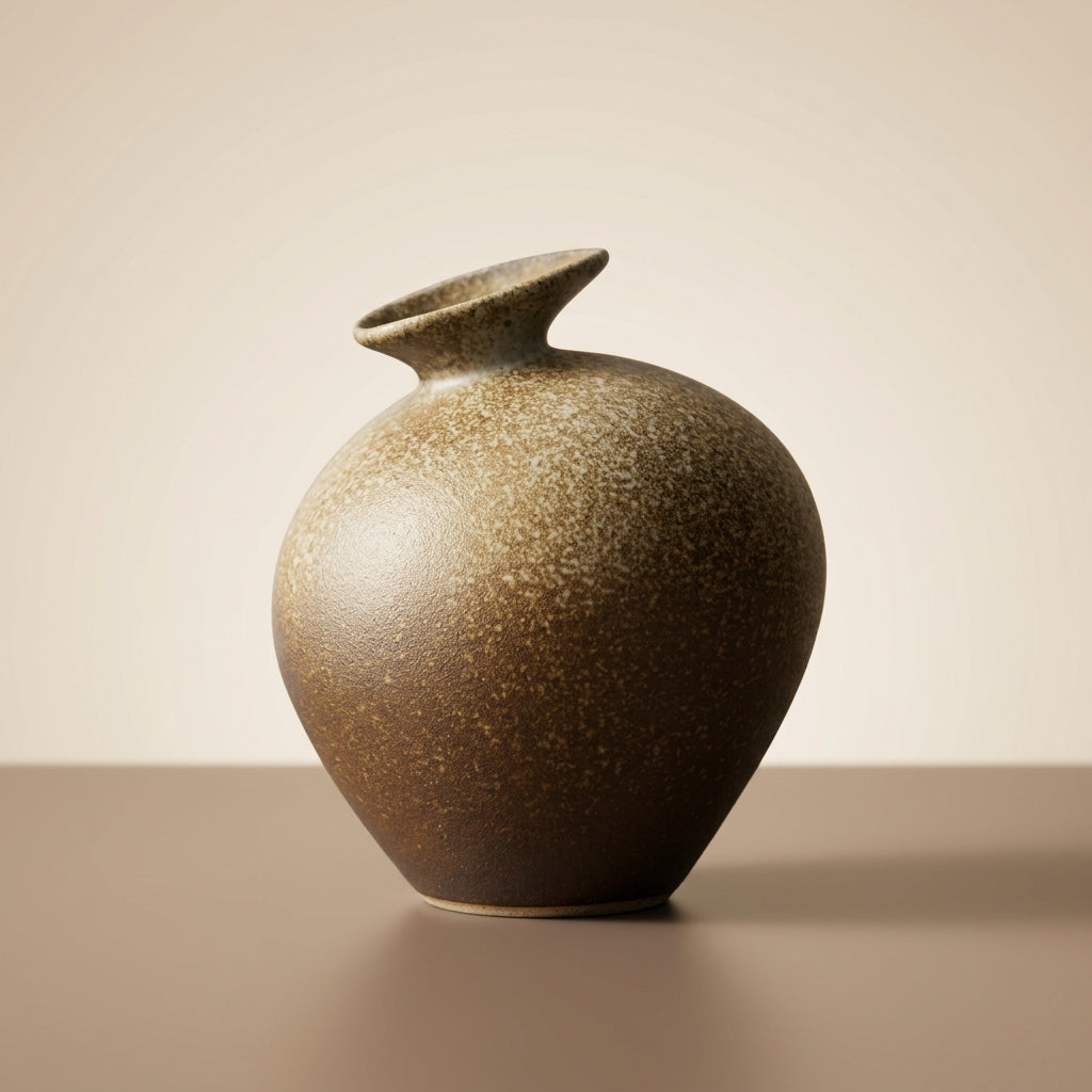 Sandstone stoneware bottle vase, low three-quarter hero angle on a warm-taupe surface