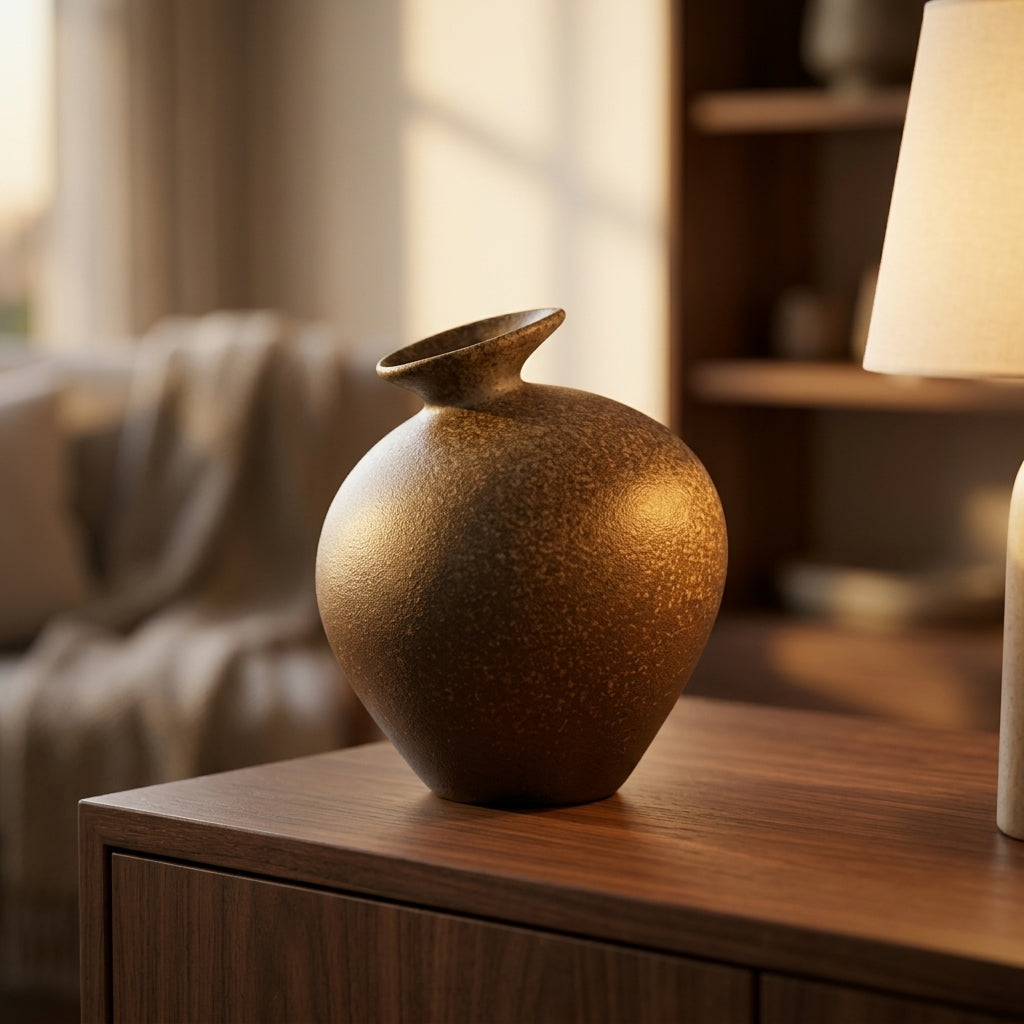 Sandstone stoneware bottle vase on a sideboard in a warm living room at dusk