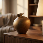 Sandstone stoneware bottle vase on a sideboard in a warm living room at dusk
