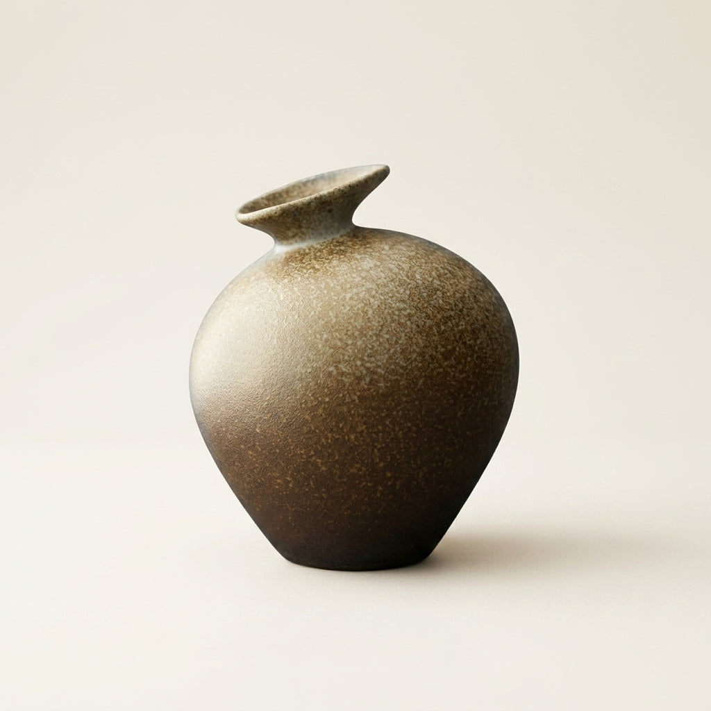 Sandstone matte speckled stoneware bottle vase with flared saucer-rim neck, on a warm-white studio backdrop