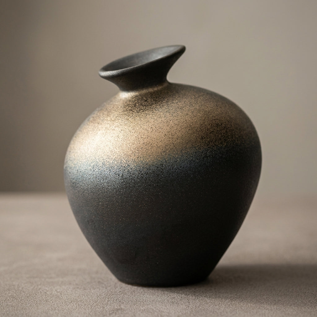 Close-up of the matte speckled charcoal-to-bronze-gold gradient glaze on the stoneware vase