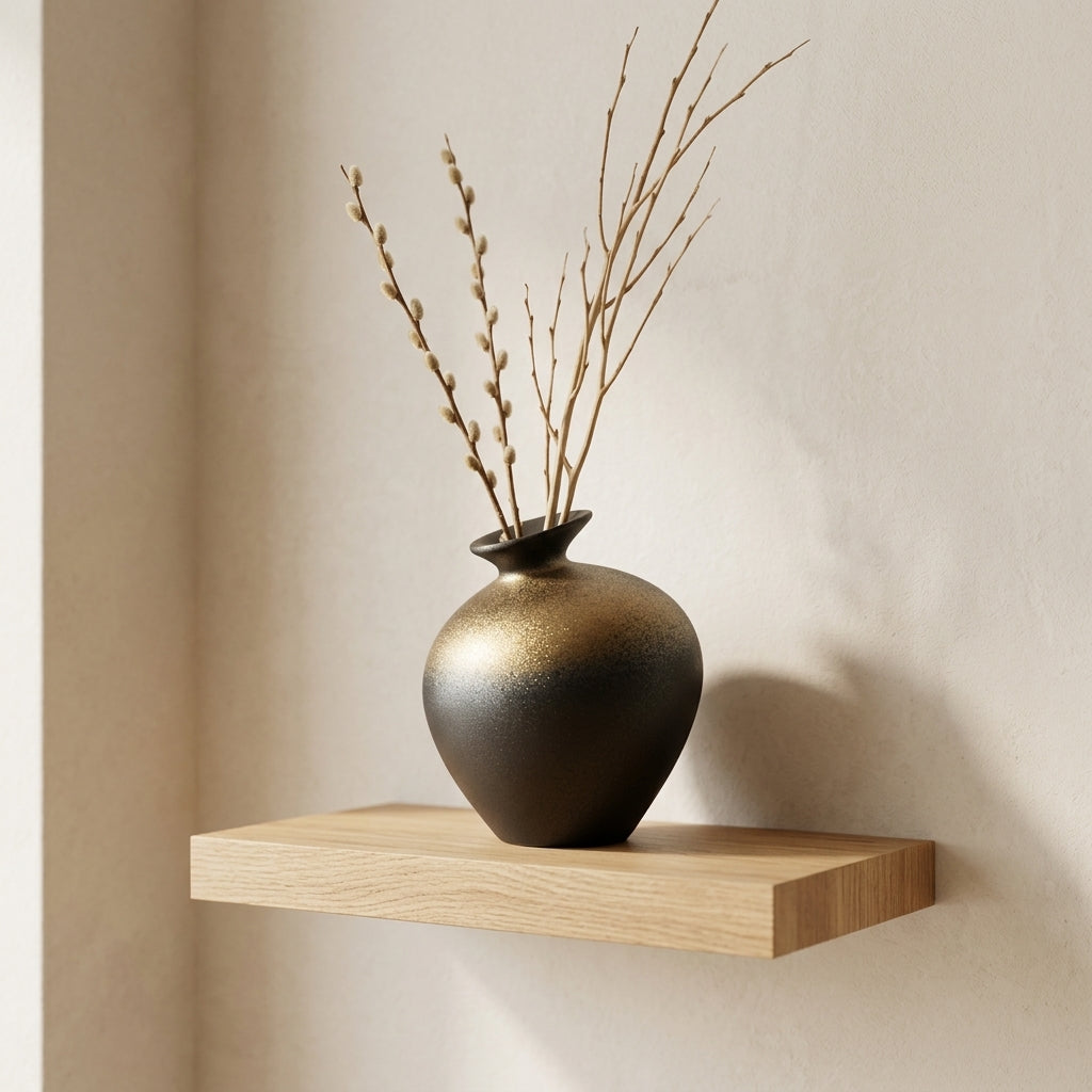 Bronze-gold gradient stoneware bottle vase with tall dried branches on a floating oak shelf
