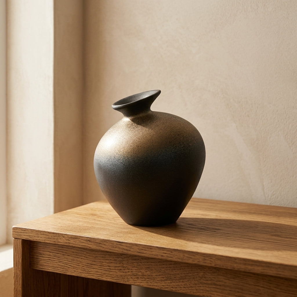 Bronze-gold gradient stoneware bottle vase styled on a warm oak console table