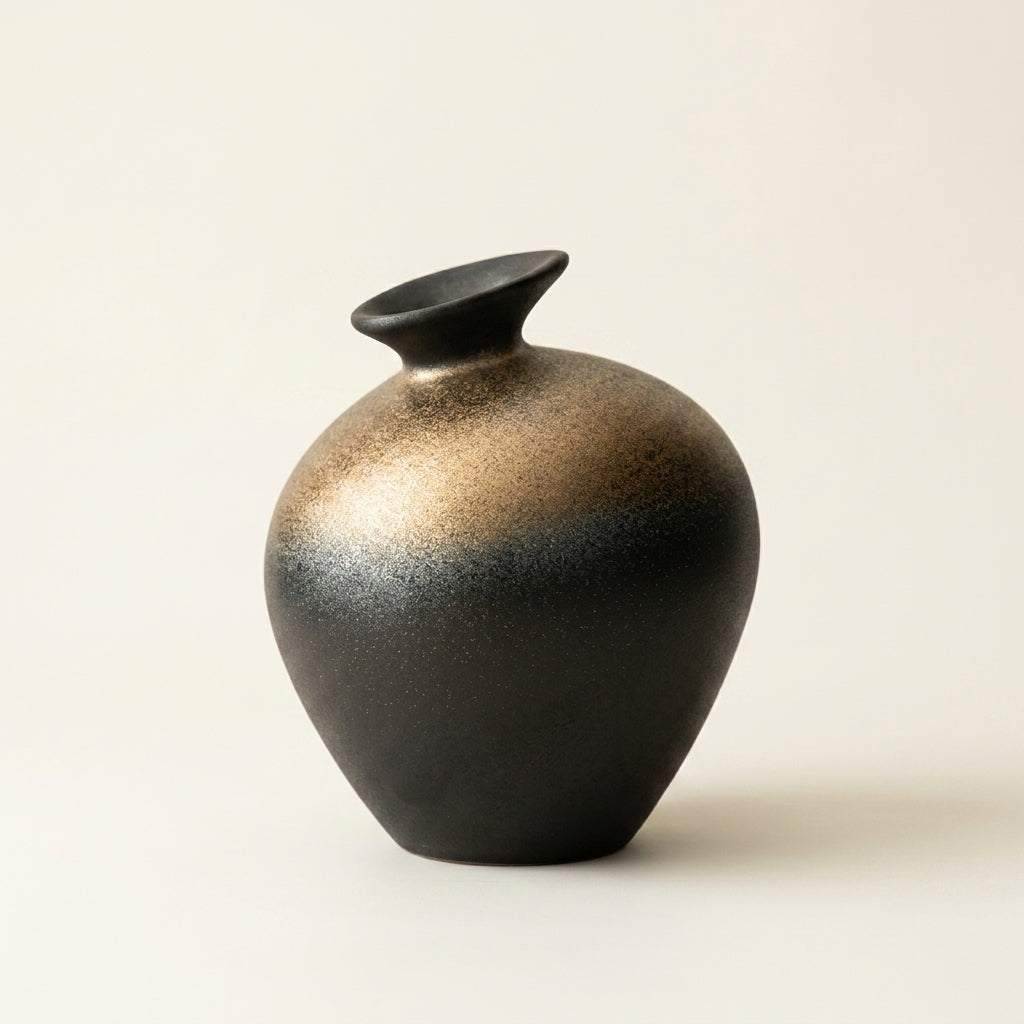 Bronze-gold gradient matte speckled stoneware bottle vase with flared saucer-rim neck, on a warm-white studio backdrop