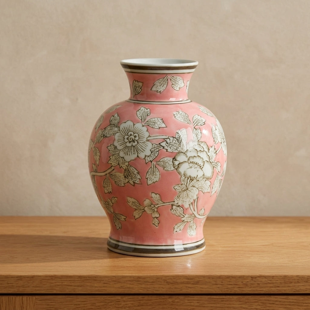 Pink floral chinoiserie ceramic vase styled on a warm oak console table