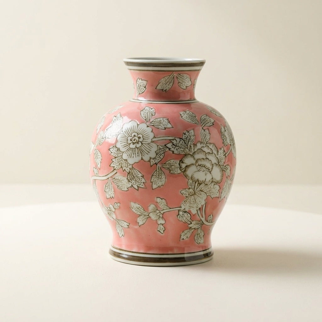 Coral-pink chinoiserie ceramic vase with white peony floral pattern, on a warm-white studio backdrop