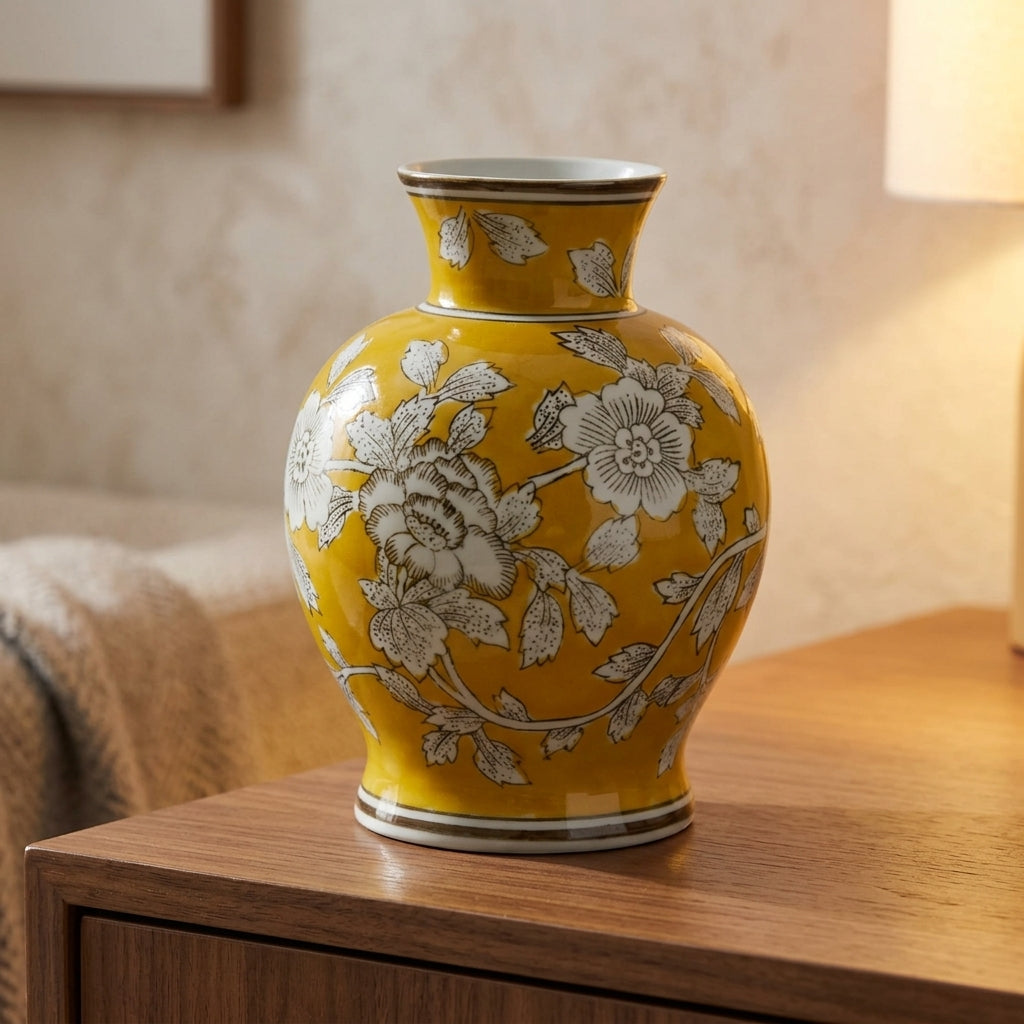 Yellow floral chinoiserie ceramic vase styled on a sideboard in a warm living room