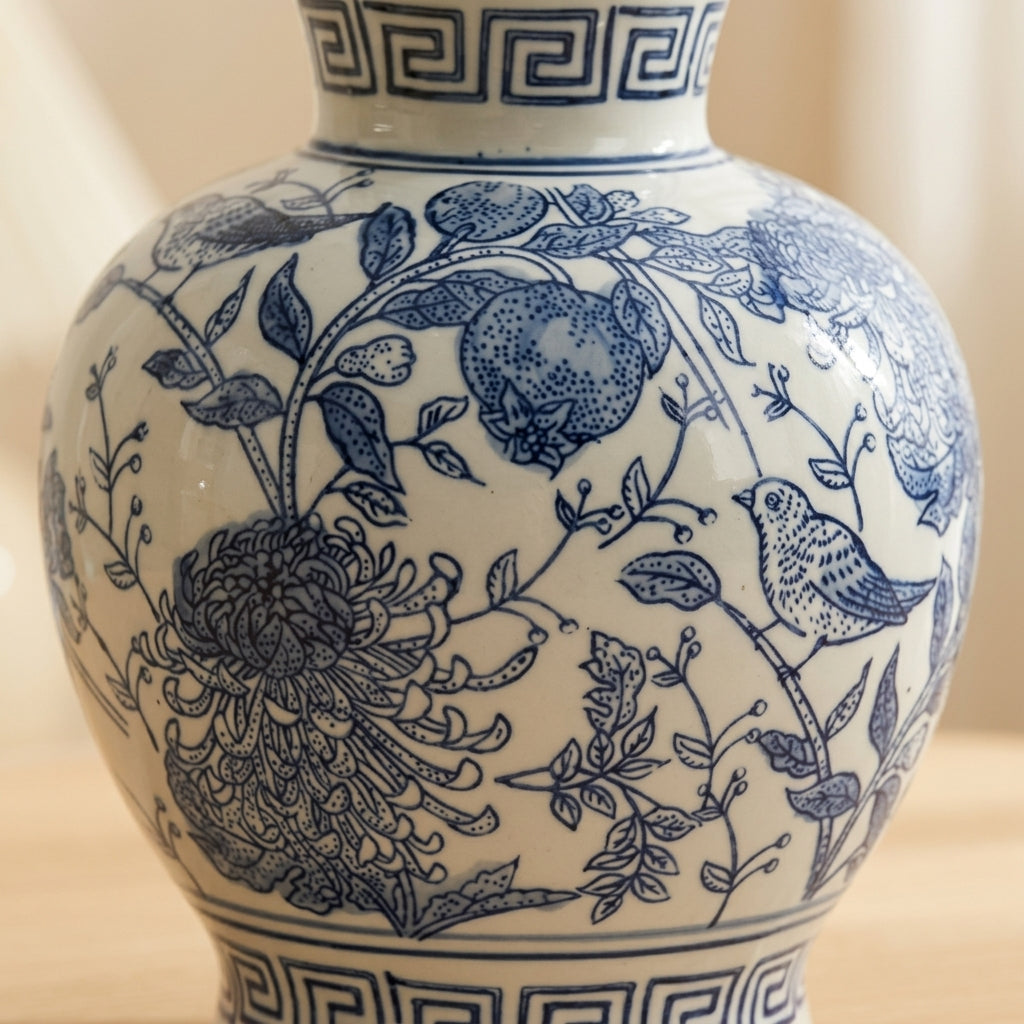 Close-up of the cobalt blue floral and branch pattern with a small bird on the white ceramic vase