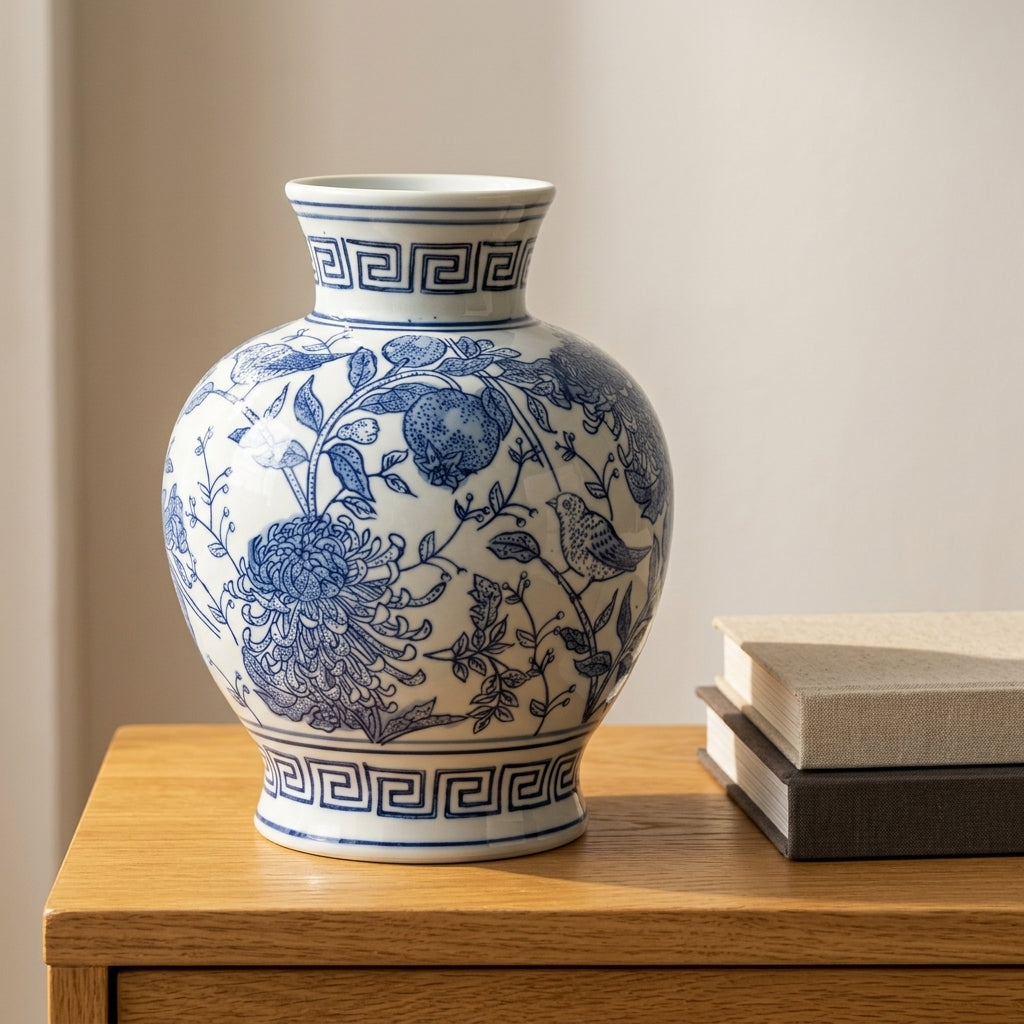 Blue and white chinoiserie ceramic vase styled on a warm oak console table with stacked books