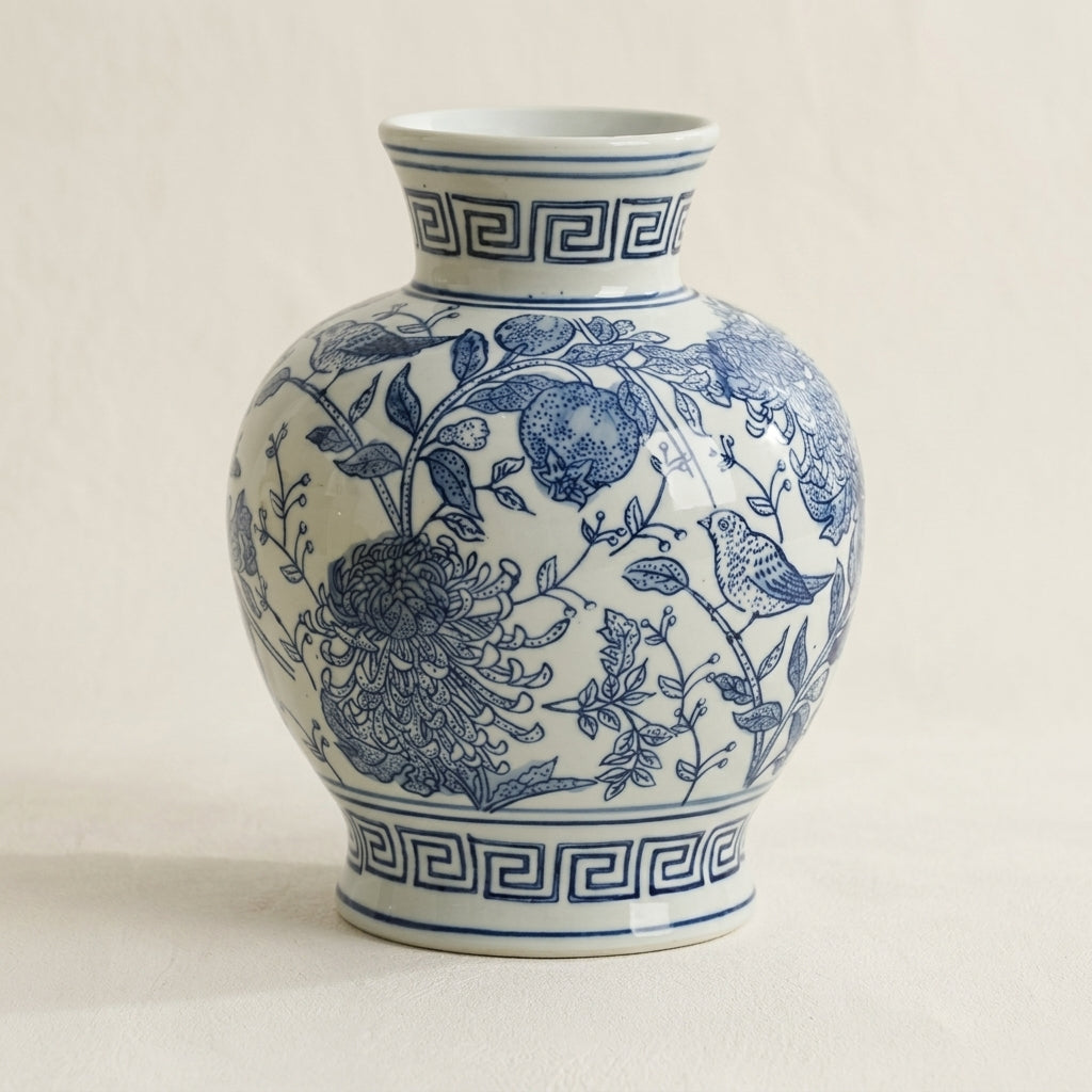 Blue and white chinoiserie ceramic vase, white ground with cobalt floral and fruiting branches and a small bird, Greek-key bands, on a warm-white studio backdrop