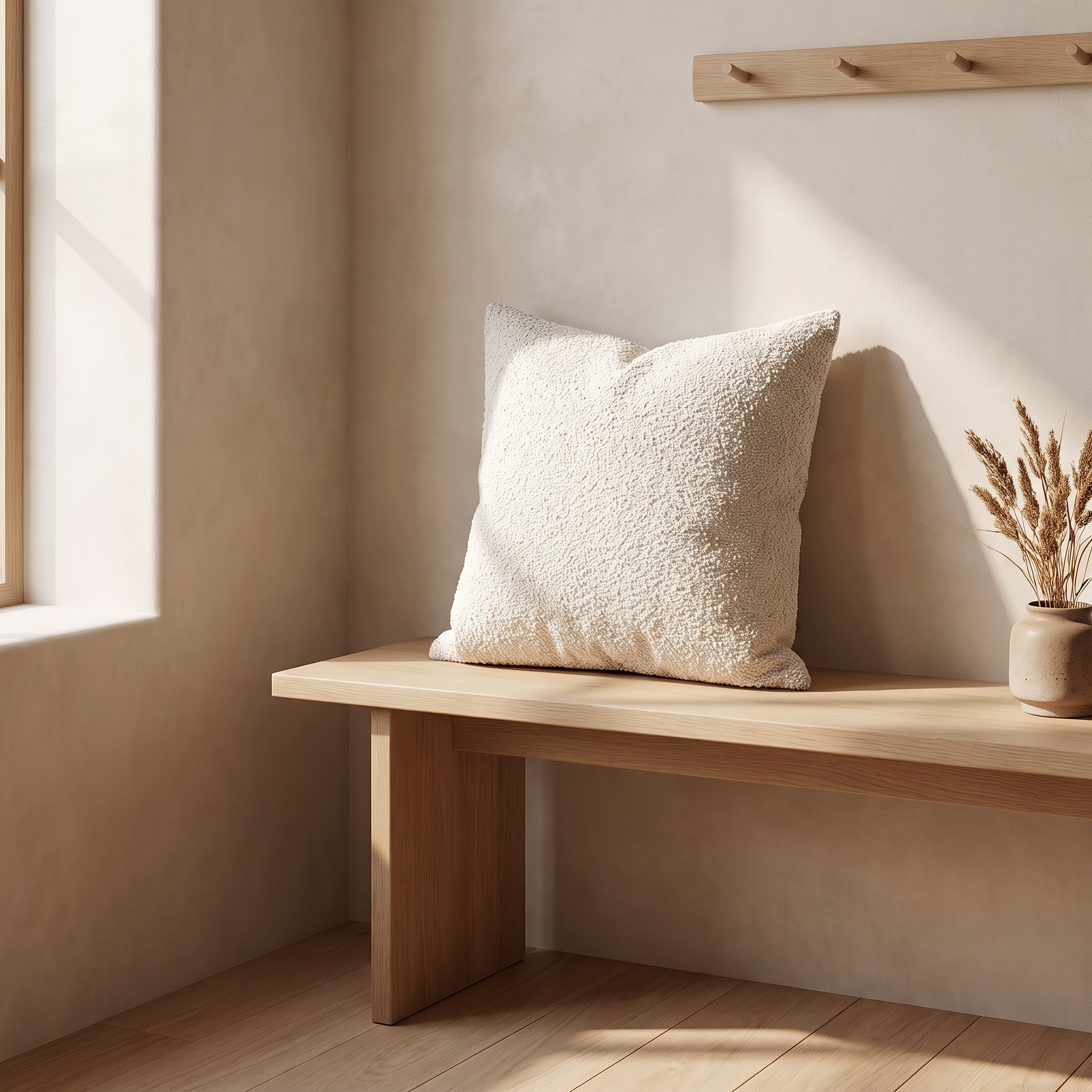 Three bouclé cushion covers in ivory, grey and camel stacked on a bed