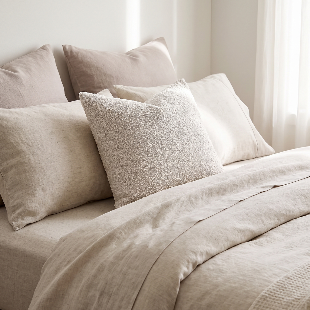 Styled reading nook with an ivory bouclé pillow and a draped knit throw