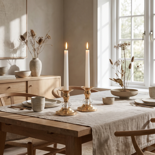 Two gold metal candlestick holders with lit taper candles on a wood console
