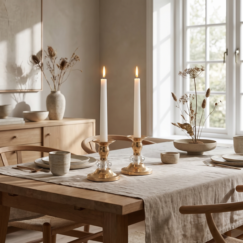 Two gold metal candlestick holders with lit taper candles on a wood console