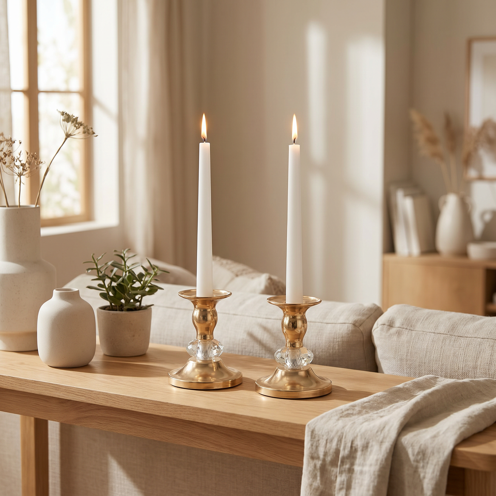 Brass taper holder beside a stoneware vase on a quiet mantel