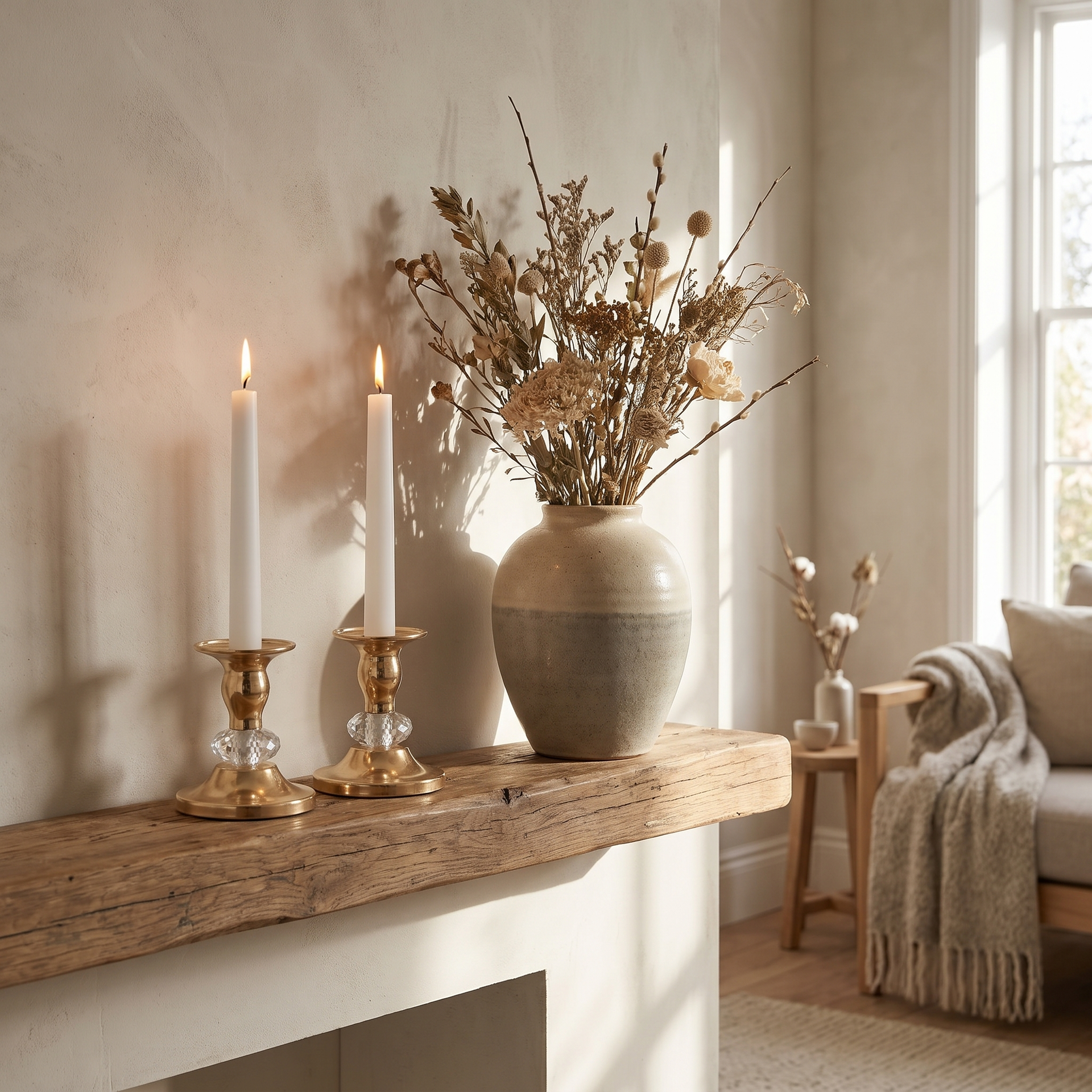 Vintage-style metal candlestick pair styled with a stack of books