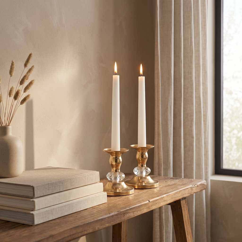 Single gold taper candle holder catching warm evening light