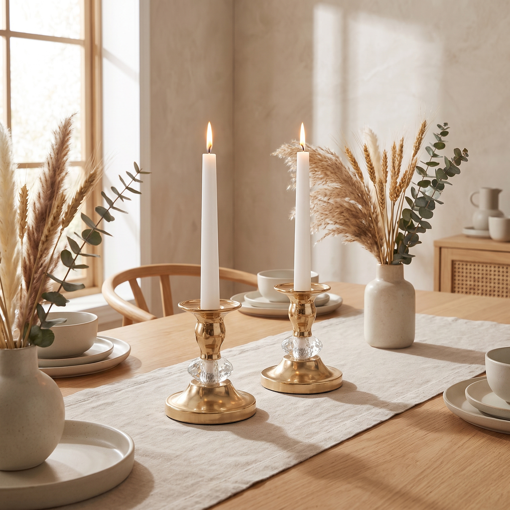 Brass candlestick set arranged on a neutral table runner with dried stems
