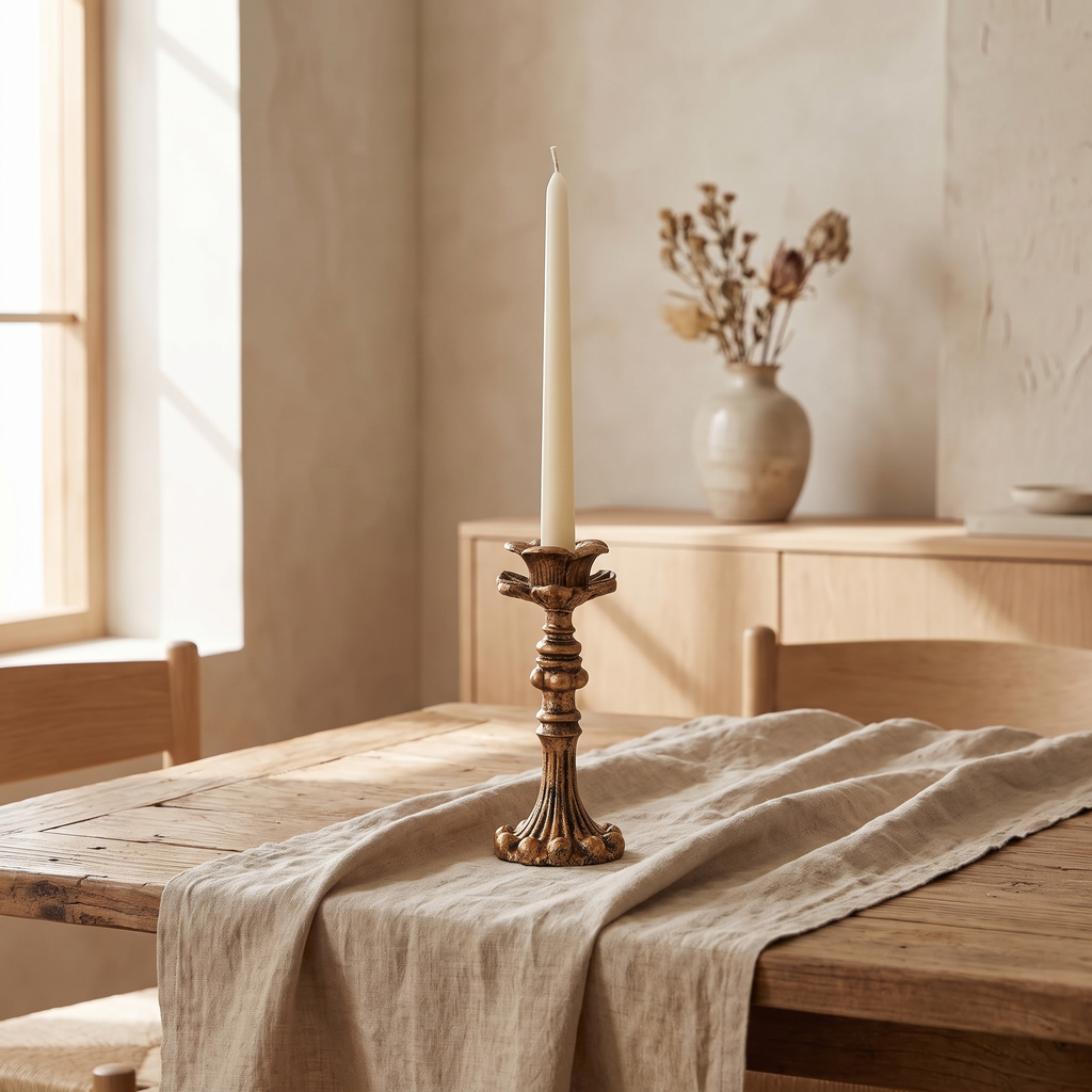 Vintage bronze candlestick with a lit ivory taper on a wooden mantel