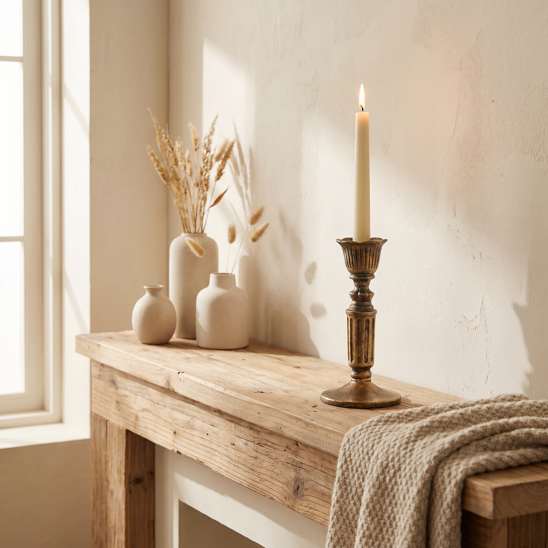 Sculptural resin candle holder in antiqued bronze beside neutral ceramics