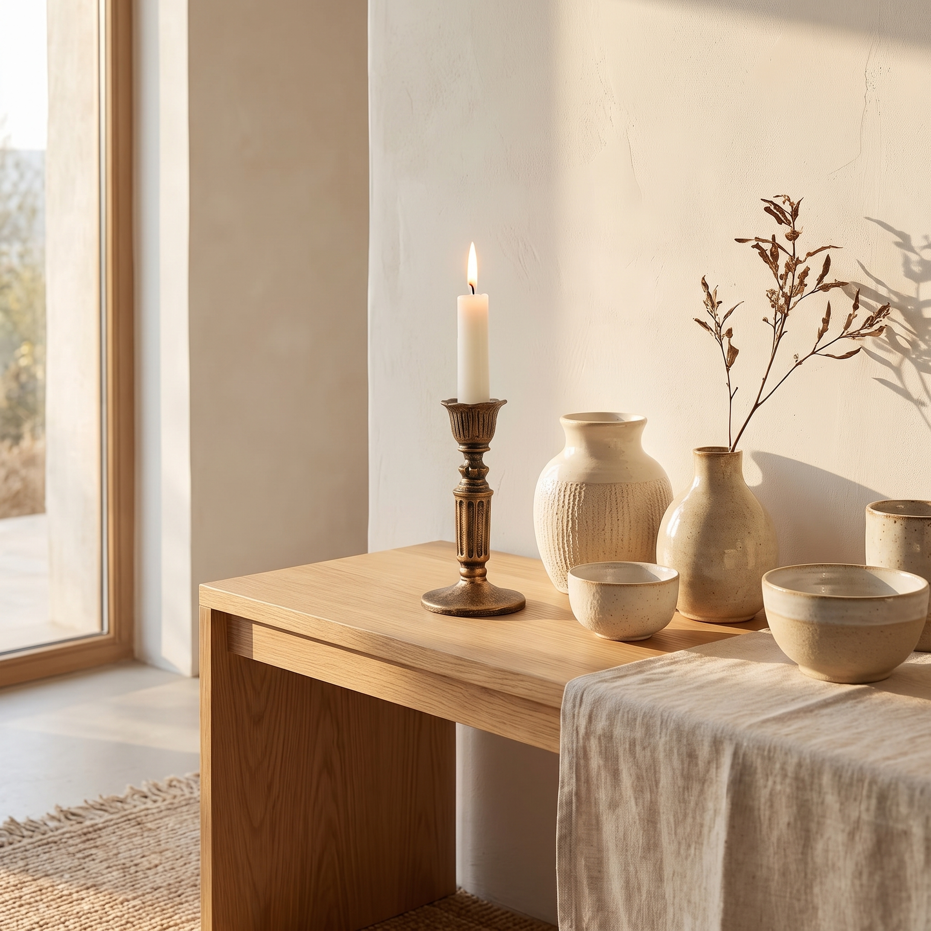 Bronze taper holder styled as a centerpiece with dried botanicals