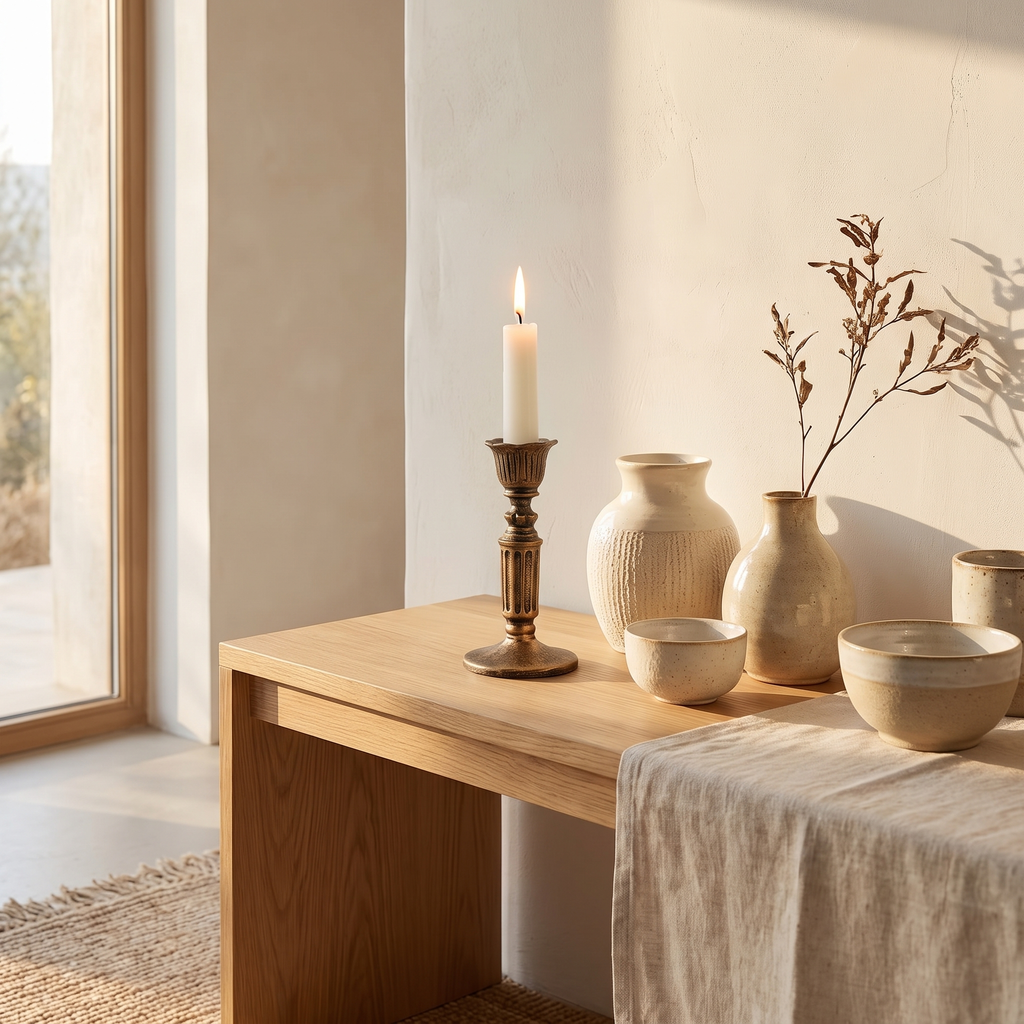 Bronze taper holder styled as a centerpiece with dried botanicals