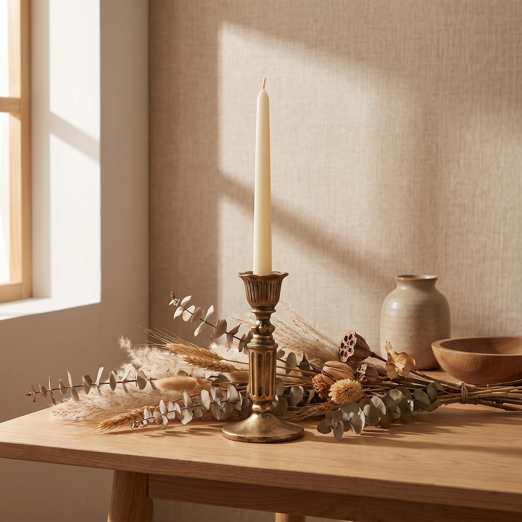 Close-up of the antiqued bronze finish on a vintage candle holder