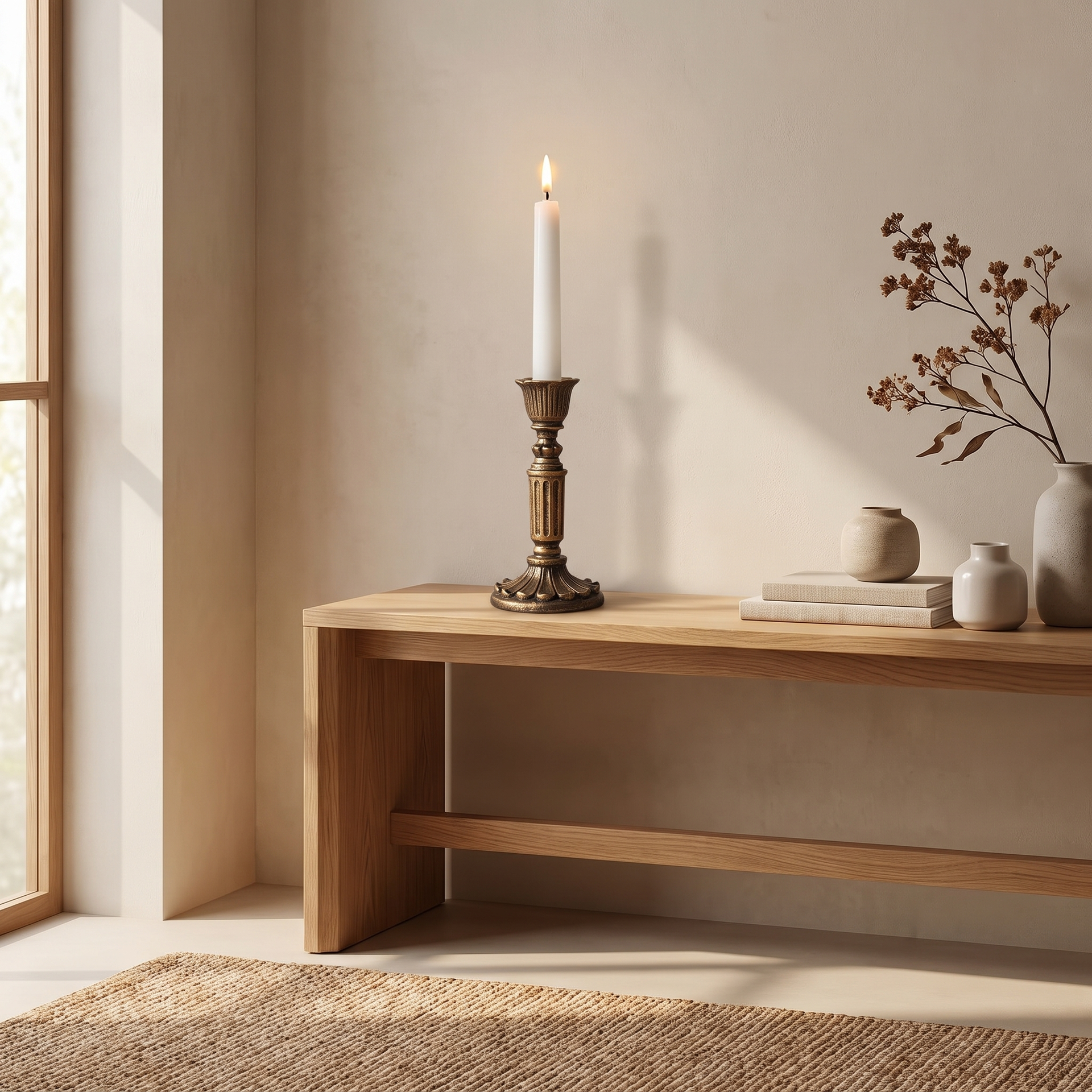 Trio of bronze taper candle holders grouped on a console table