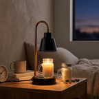 Black candle warmer lamp gently melting a candle on a bedside table with a warm glow