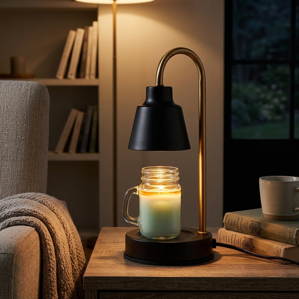 Black candle warmer lamp with a warm glow beside an armchair in a reading nook