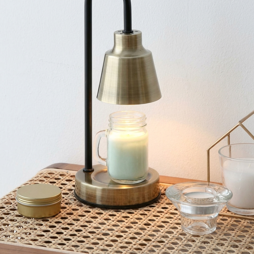 Gold brass candle warmer lamp warming a candle jar with a warm glow