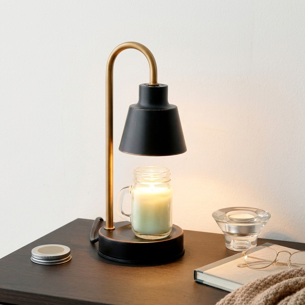 Matte black candle warmer lamp warming a candle on a desk