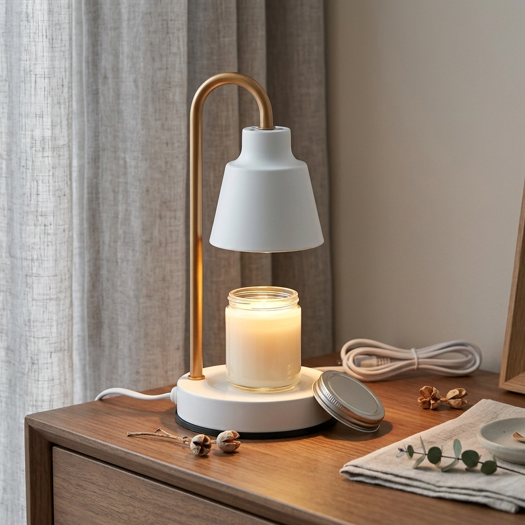 White candle warmer lamp warming a candle on a bedroom dresser