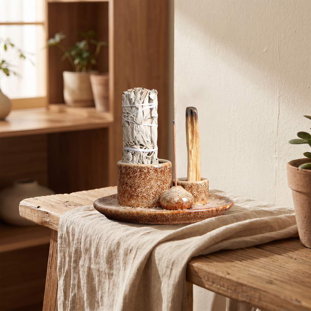 Ceramic incense holder cradling a single lit stick beside a stoneware mug