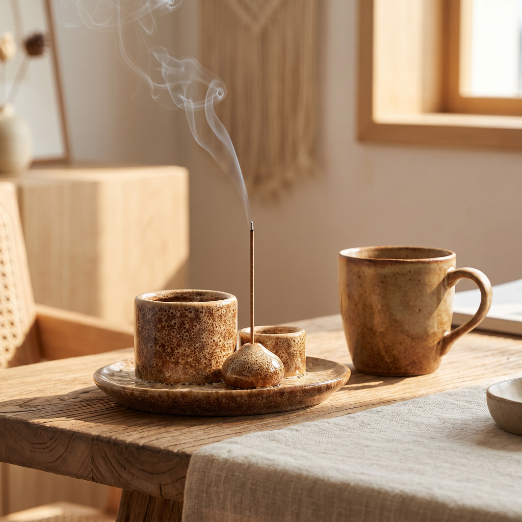 Close-up of the speckled matte glaze on the ceramic incense burner