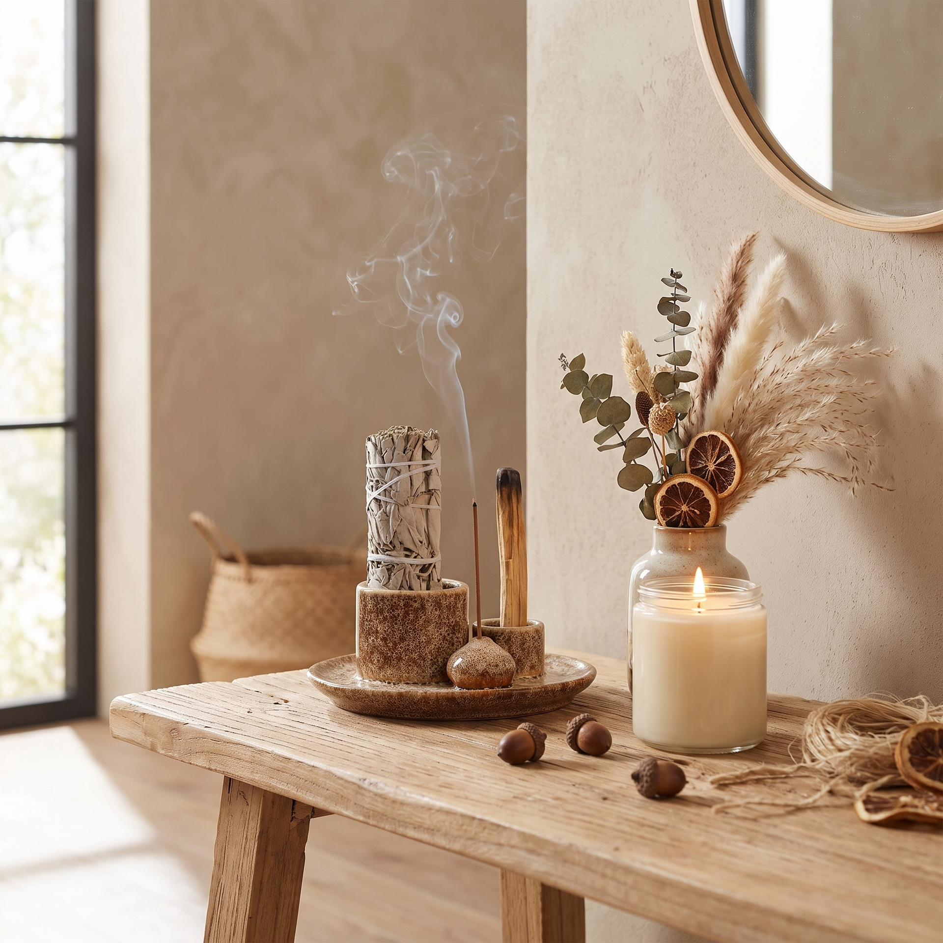 Ceramic incense burner styled with a candle and dried botanicals on a console