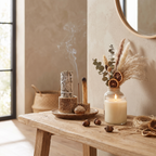 Ceramic incense burner styled with a candle and dried botanicals on a console