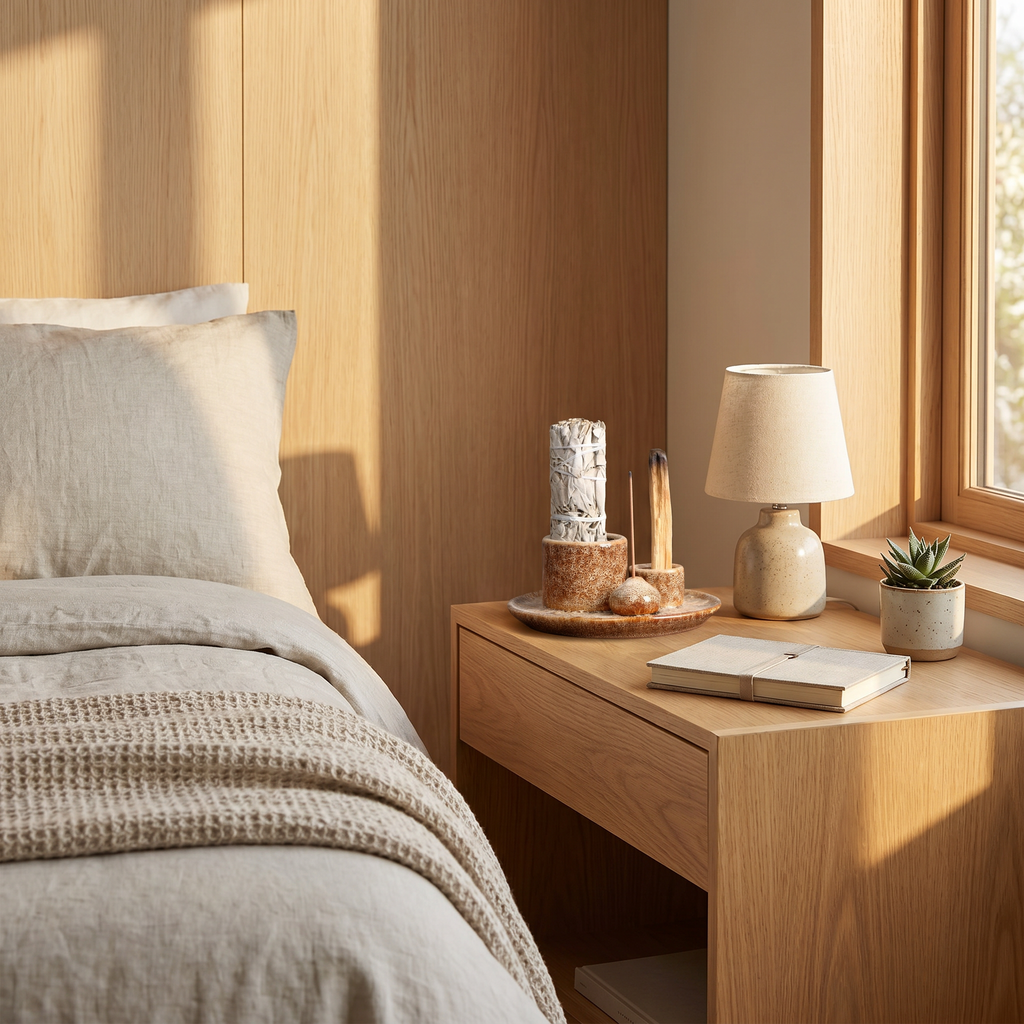 Overhead view of the speckled incense burner catching ash on a bedside table
