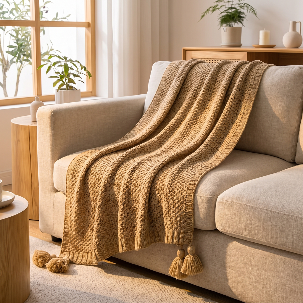 Neutral chunky knit throw with tassels folded on a wooden bench