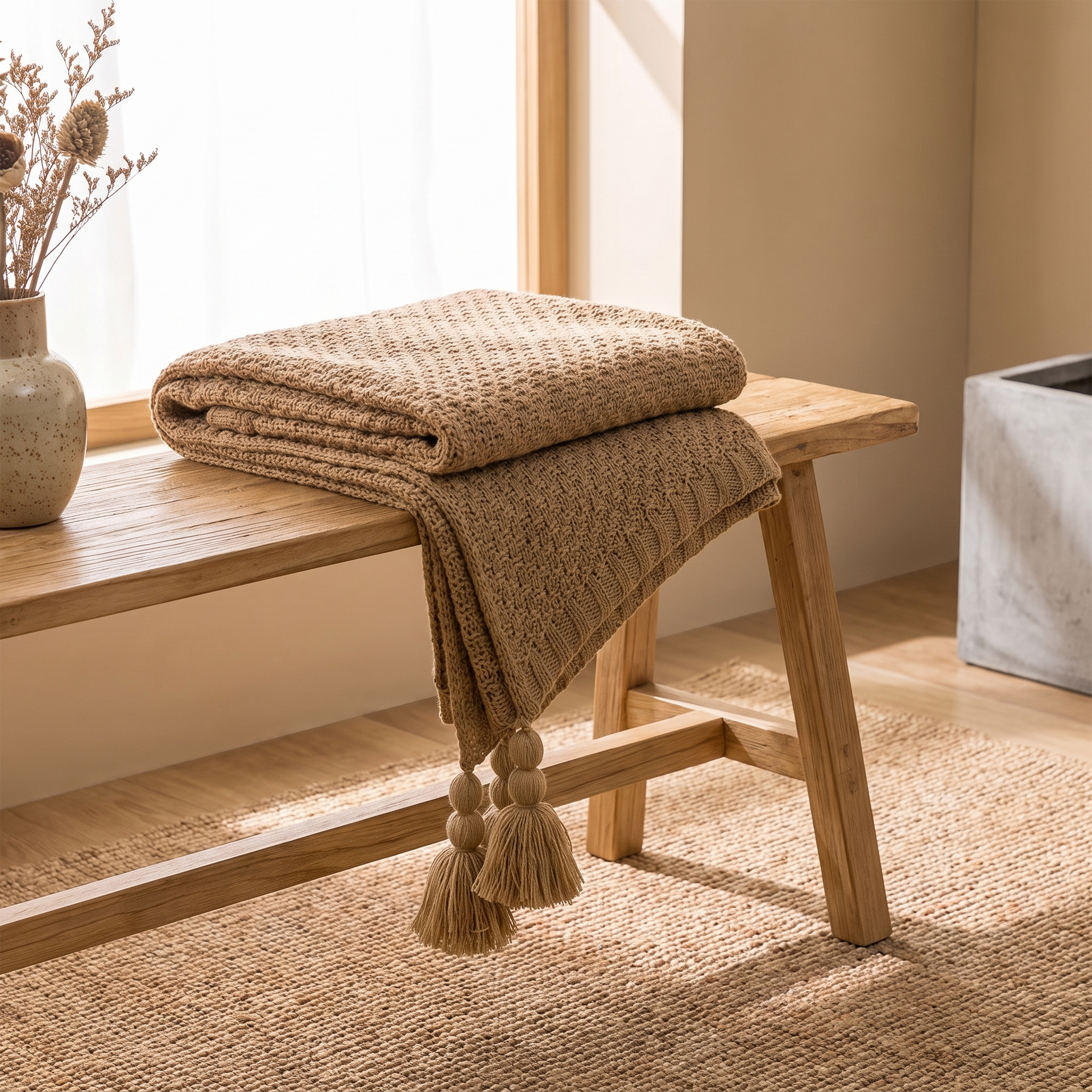 White chunky knit blanket layered across a made bed