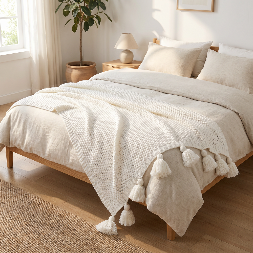 Brown tasseled knit throw casually draped over an armchair