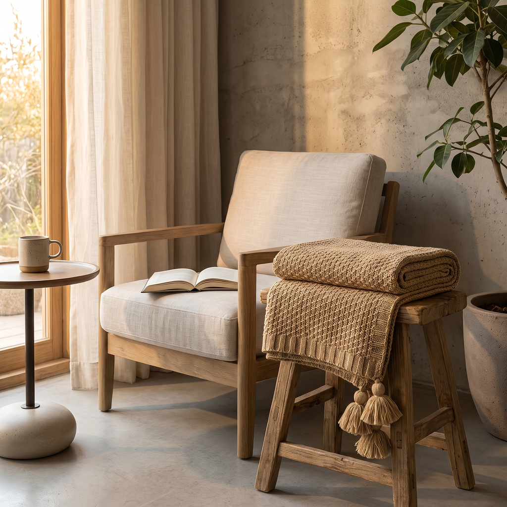 Folded neutral knit throw styled beside a reading nook