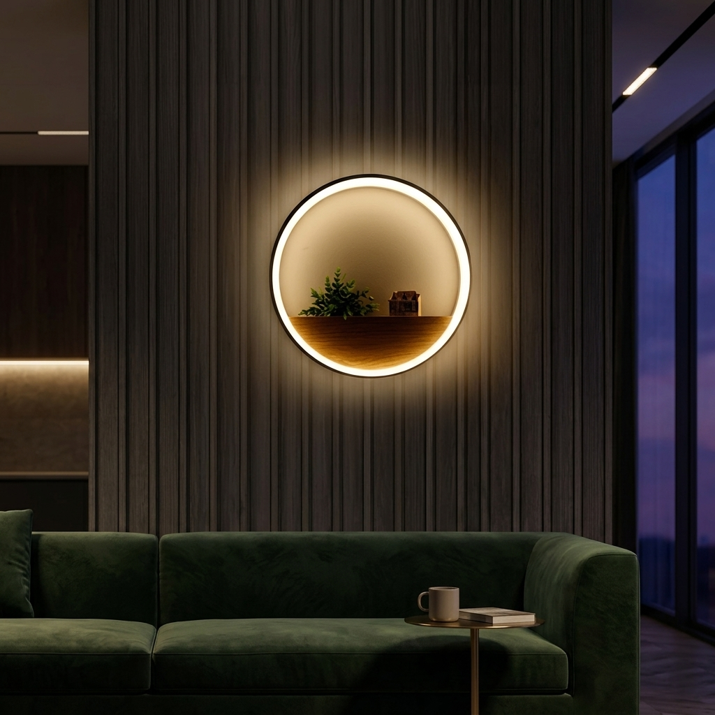 Black ring wall lamp with wooden shelf glowing warm on a dark accent wall