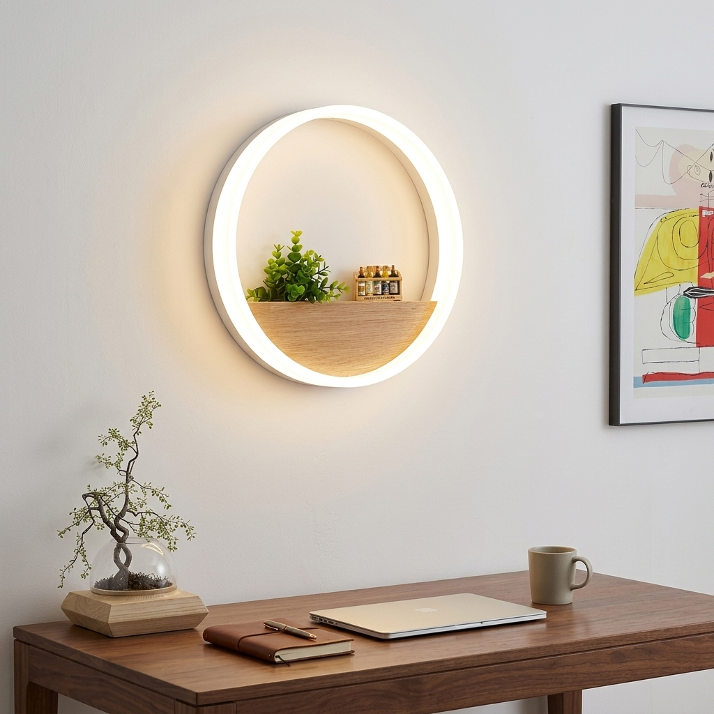 White ring shelf wall lamp above a wooden desk with a plant on its shelf