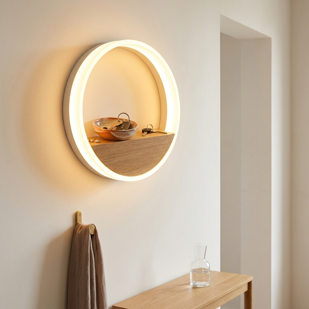 White ring shelf wall lamp in an entryway with keys and a dish on its shelf