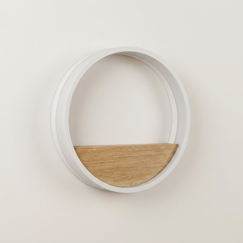 White LED ring wall lamp with wooden shelf, switched off, shown as a plain product view